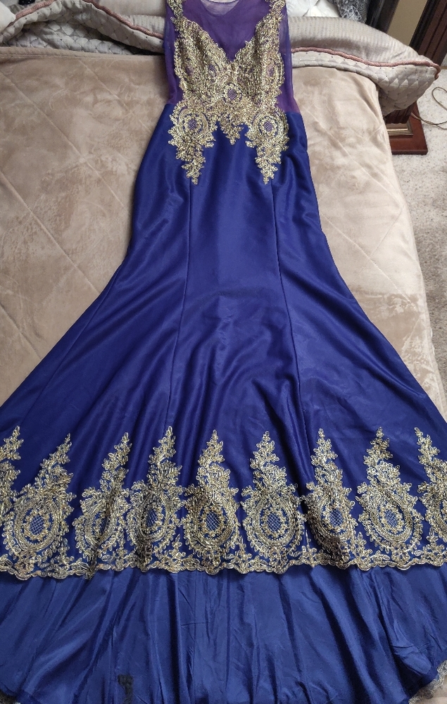 Blue and gold mermaid prom dress